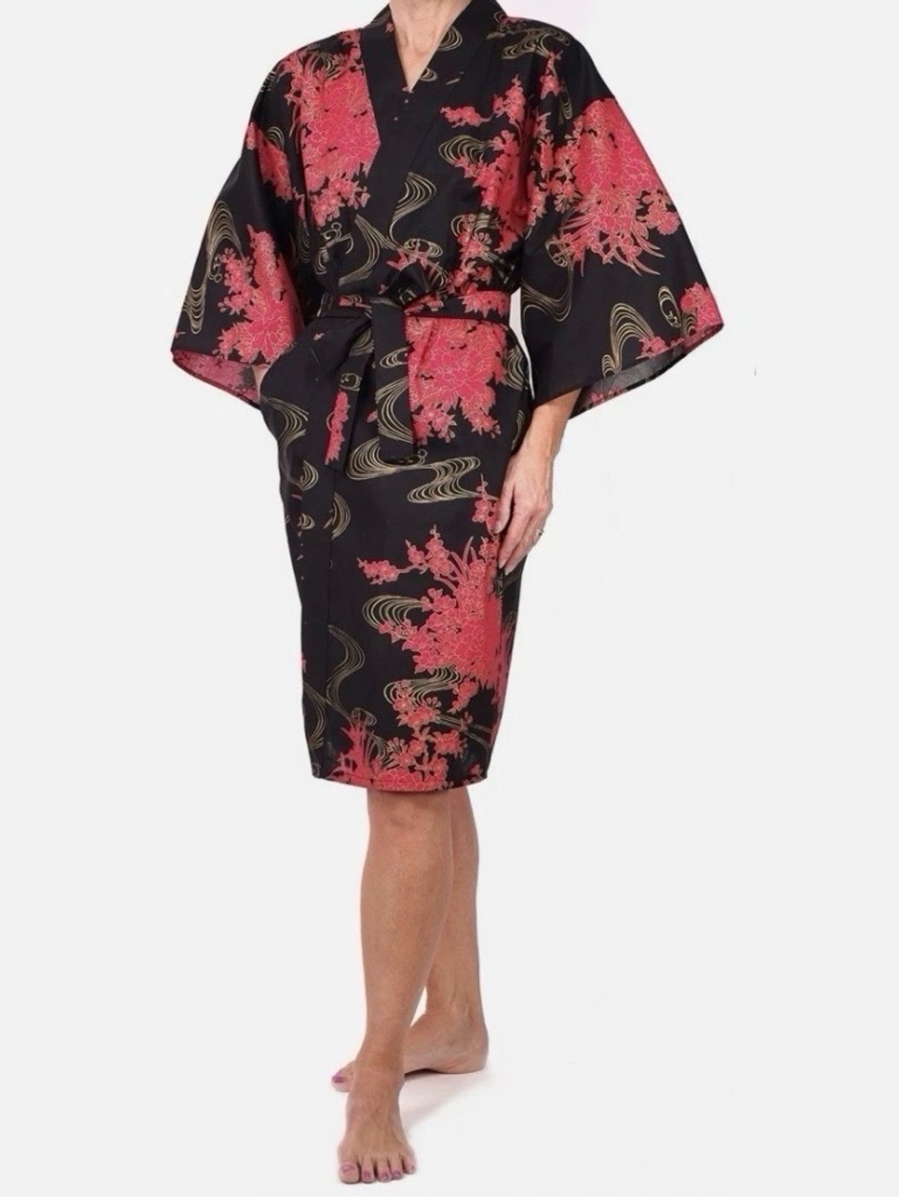 Black & Pink Floral Satin Kimono Robe - Women Intimates